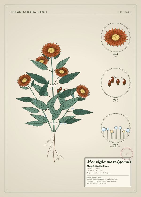Botanische Tafel: Merzigia merzigensis, eine erfundene Pflanze aus Merzig, gezeichnet wie in einem alten Pflanzenatlas