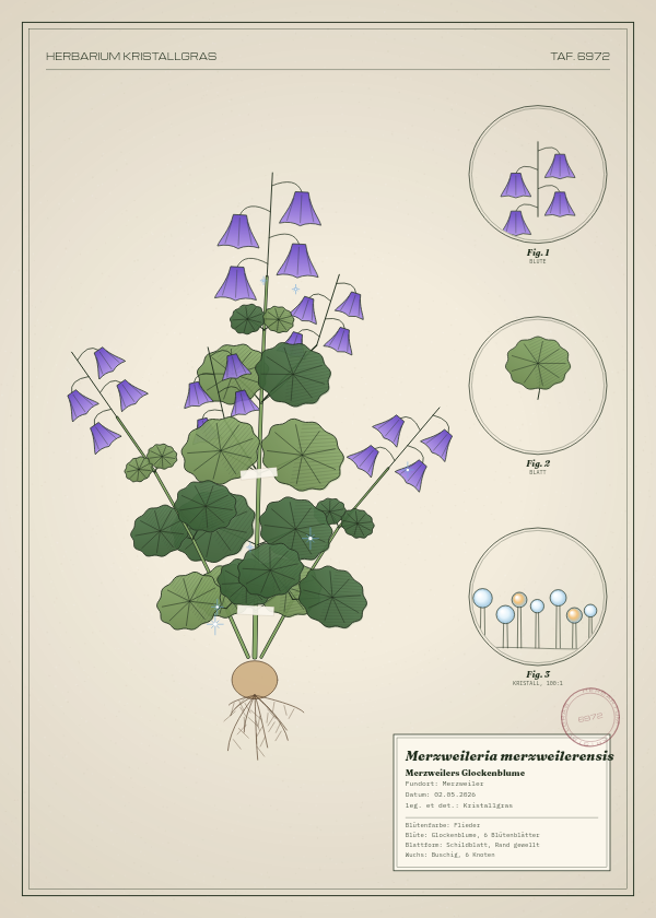 Botanische Tafel: Merzweileria merzweilerensis, eine erfundene Pflanze aus Merzweiler, gezeichnet wie in einem alten Pflanzenatlas
