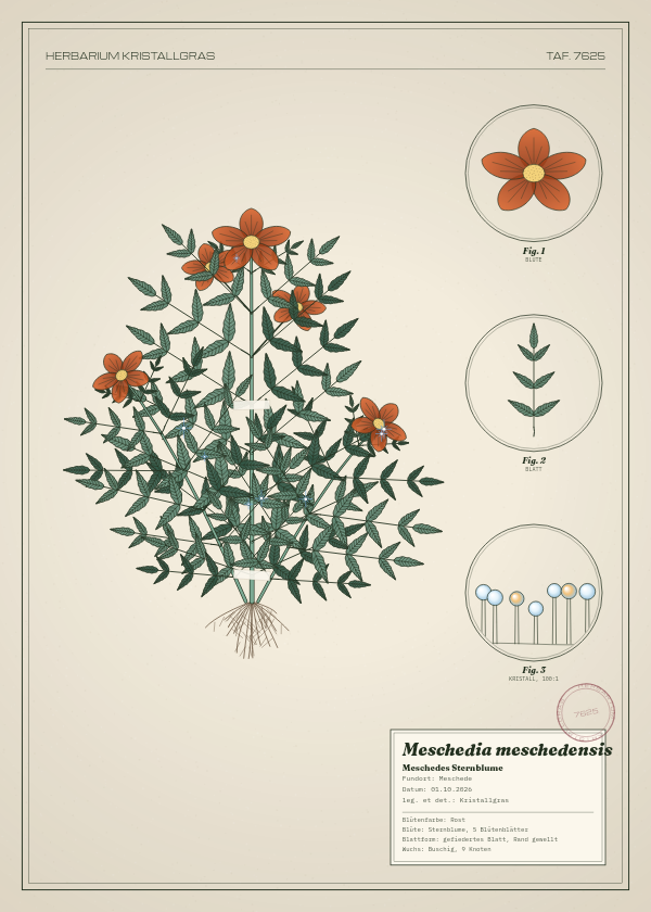 Botanische Tafel: Meschedia meschedensis, eine erfundene Pflanze aus Meschede, gezeichnet wie in einem alten Pflanzenatlas