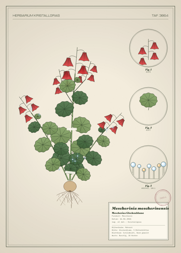 Botanische Tafel: Mescherinia mescherinensis, eine erfundene Pflanze aus Mescherin, gezeichnet wie in einem alten Pflanzenatlas