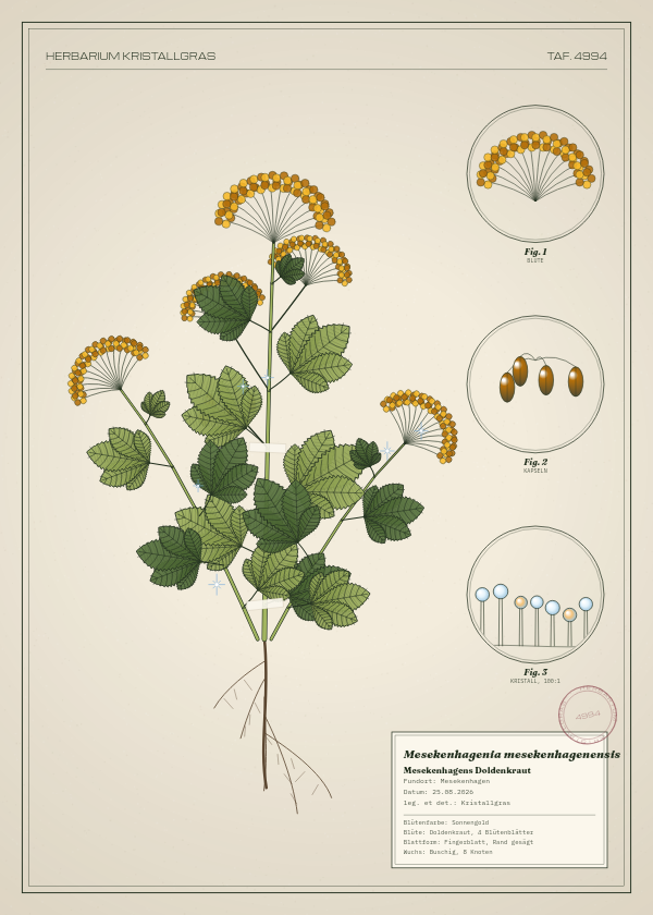Botanische Tafel: Mesekenhagenia mesekenhagenensis, eine erfundene Pflanze aus Mesekenhagen, gezeichnet wie in einem alten Pflanzenatlas
