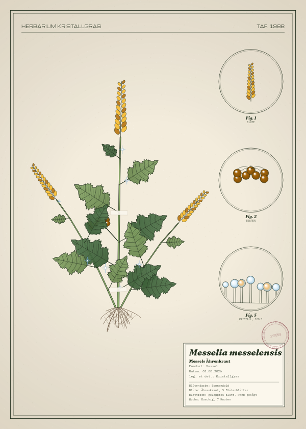 Botanische Tafel: Messelia messelensis, eine erfundene Pflanze aus Messel, gezeichnet wie in einem alten Pflanzenatlas
