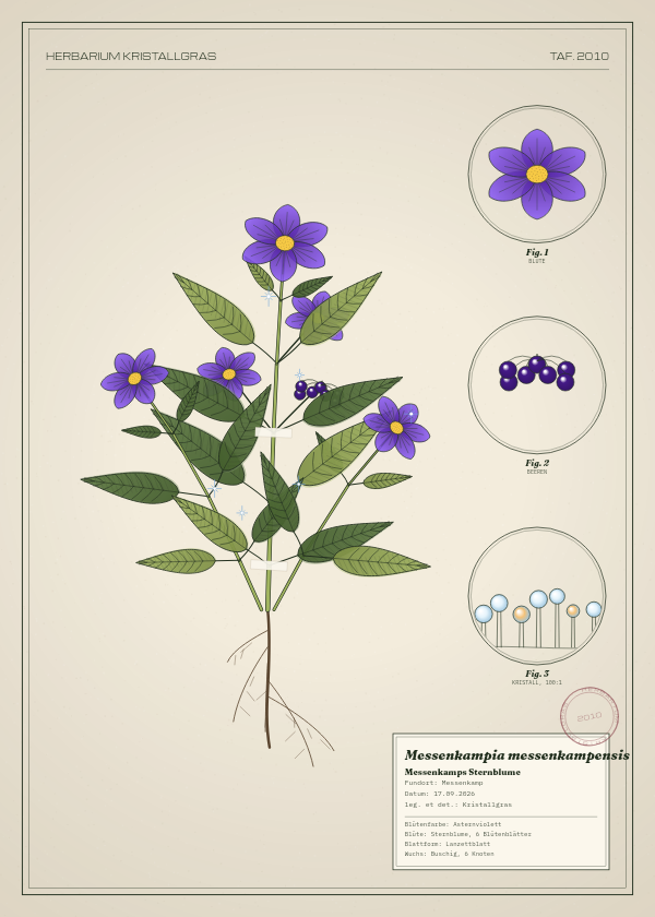 Botanische Tafel: Messenkampia messenkampensis, eine erfundene Pflanze aus Messenkamp, gezeichnet wie in einem alten Pflanzenatlas