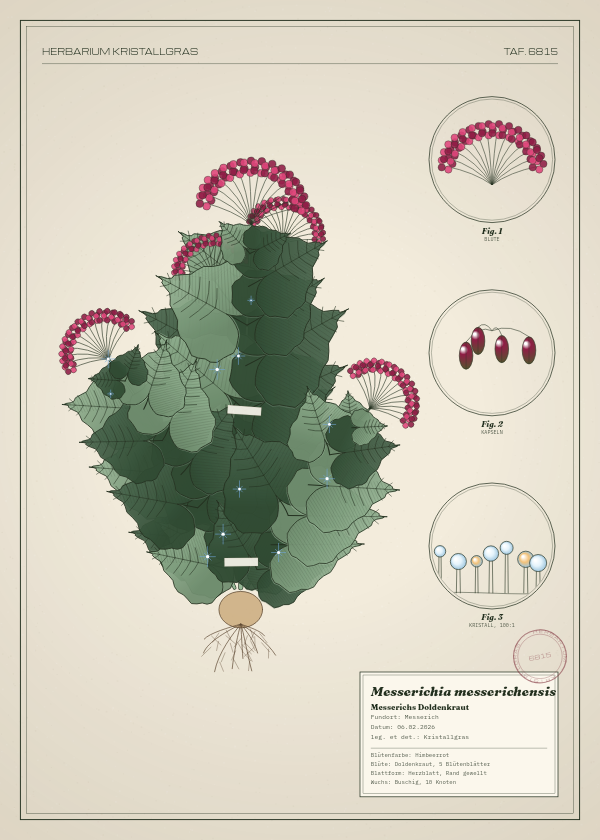 Botanische Tafel: Messerichia messerichensis, eine erfundene Pflanze aus Messerich, gezeichnet wie in einem alten Pflanzenatlas
