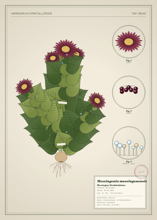 Botanische Tafel: Messingenia messingenensis, eine erfundene Pflanze aus Messingen, gezeichnet wie in einem alten Pflanzenatlas