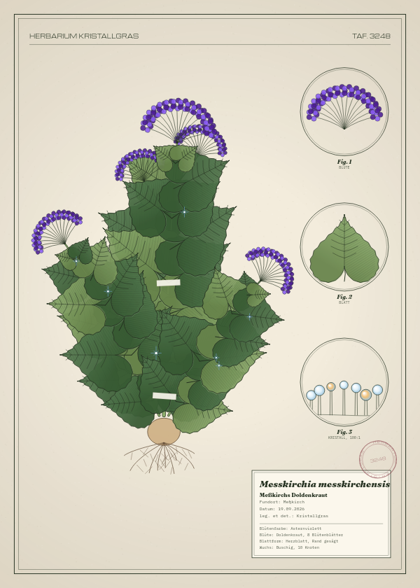 Botanische Tafel: Messkirchia messkirchensis, eine erfundene Pflanze aus Meßkirch, gezeichnet wie in einem alten Pflanzenatlas