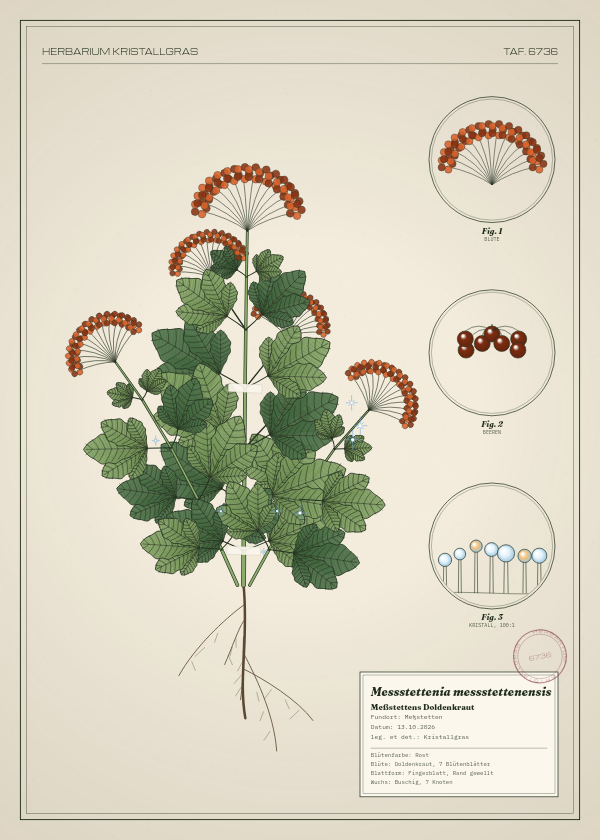 Botanische Tafel: Messstettenia messstettenensis, eine erfundene Pflanze aus Meßstetten, gezeichnet wie in einem alten Pflanzenatlas