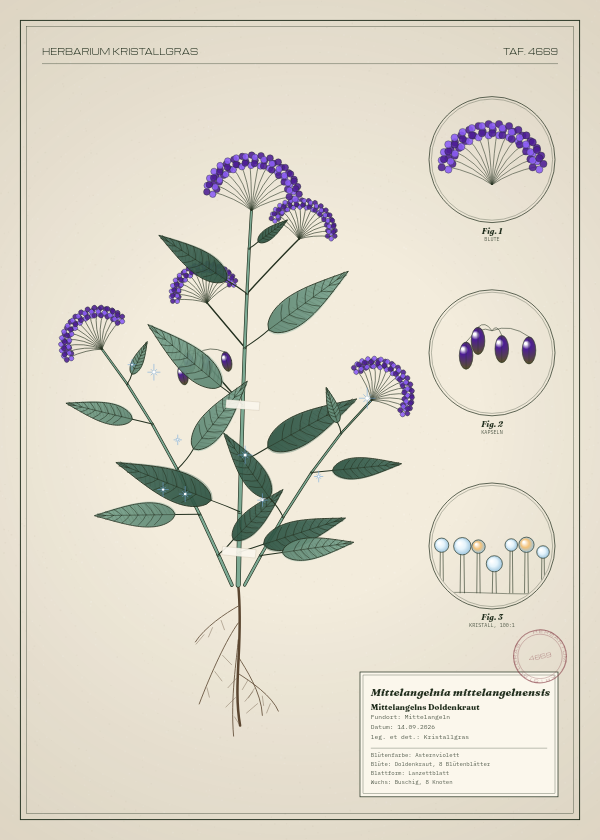Botanische Tafel: Mittelangelnia mittelangelnensis, eine erfundene Pflanze aus Mittelangeln, gezeichnet wie in einem alten Pflanzenatlas