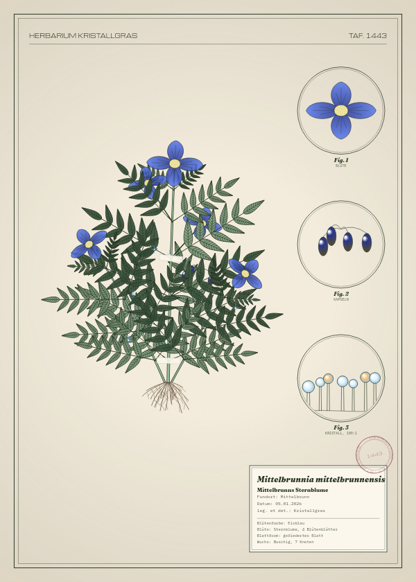 Botanische Tafel: Mittelbrunnia mittelbrunnensis, eine erfundene Pflanze aus Mittelbrunn, gezeichnet wie in einem alten Pflanzenatlas