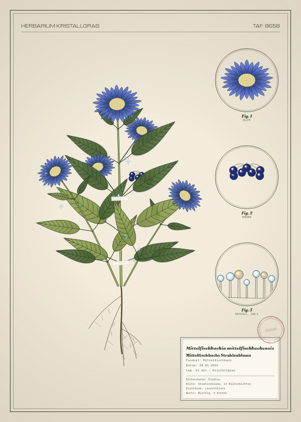 Botanische Tafel: Mittelfischbachia mittelfischbachensis, eine erfundene Pflanze aus Mittelfischbach, gezeichnet wie in einem alten Pflanzenatlas