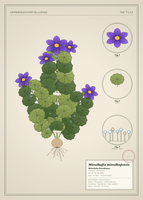 Botanische Tafel: Mittelhofia mittelhofensis, eine erfundene Pflanze aus Mittelhof, gezeichnet wie in einem alten Pflanzenatlas