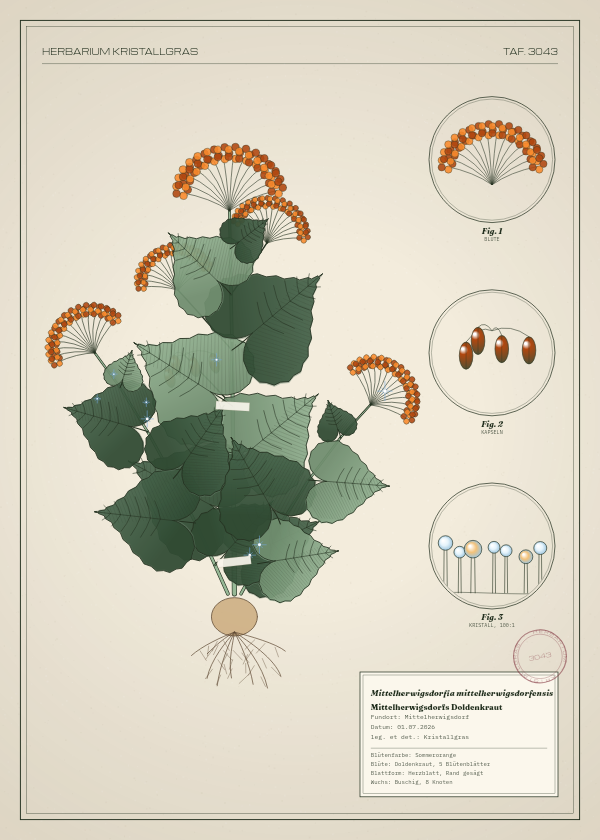 Botanische Tafel: Mittelherwigsdorfia mittelherwigsdorfensis, eine erfundene Pflanze aus Mittelherwigsdorf, gezeichnet wie in einem alten Pflanzenatlas