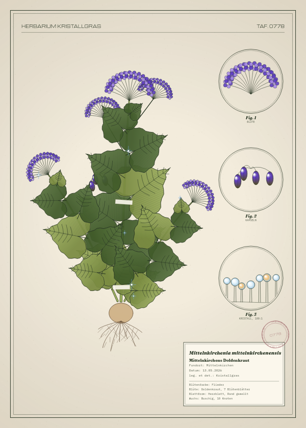 Botanische Tafel: Mittelnkirchenia mittelnkirchenensis, eine erfundene Pflanze aus Mittelnkirchen, gezeichnet wie in einem alten Pflanzenatlas