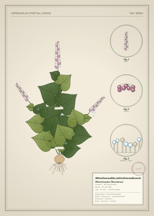 Botanische Tafel: Mittelstenahia mittelstenahensis, eine erfundene Pflanze aus Mittelstenahe, gezeichnet wie in einem alten Pflanzenatlas