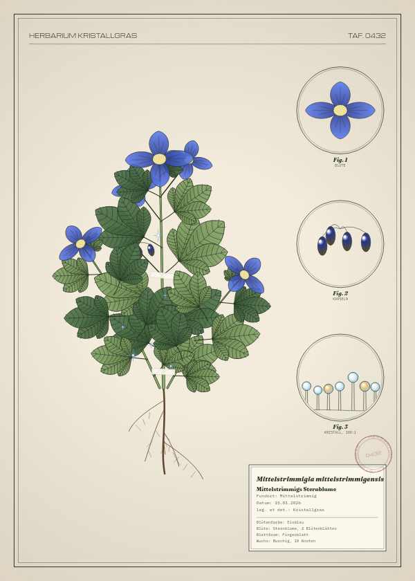 Botanische Tafel: Mittelstrimmigia mittelstrimmigensis, eine erfundene Pflanze aus Mittelstrimmig, gezeichnet wie in einem alten Pflanzenatlas