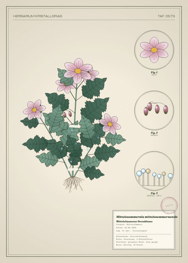 Botanische Tafel: Mittelsoemmernia mittelsoemmernensis, eine erfundene Pflanze aus Mittelsömmern, gezeichnet wie in einem alten Pflanzenatlas