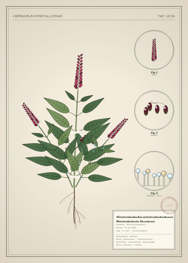 Botanische Tafel: Mittelreidenbachia mittelreidenbachensis, eine erfundene Pflanze aus Mittelreidenbach, gezeichnet wie in einem alten Pflanzenatlas