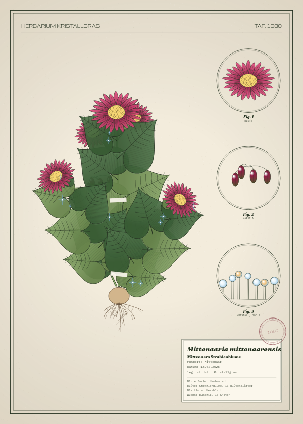 Botanische Tafel: Mittenaaria mittenaarensis, eine erfundene Pflanze aus Mittenaar, gezeichnet wie in einem alten Pflanzenatlas