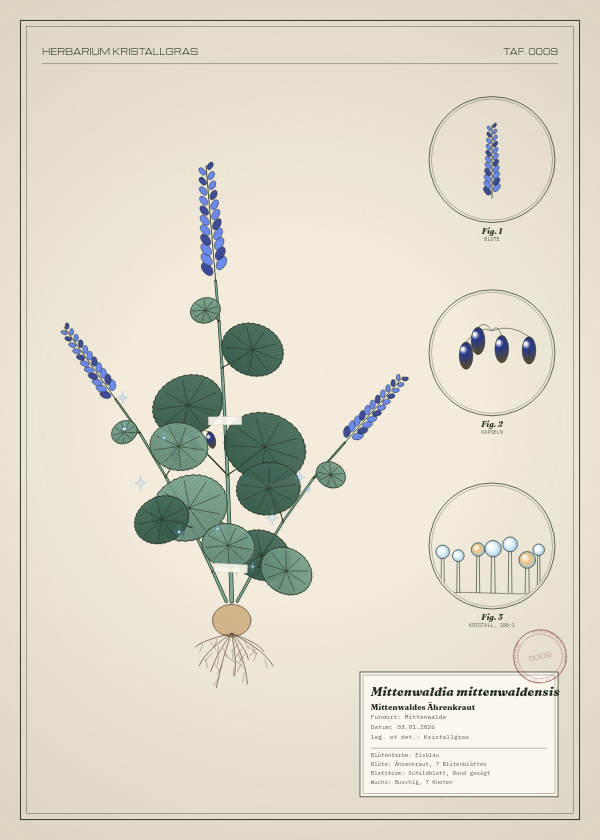 Botanische Tafel: Mittenwaldia mittenwaldensis, eine erfundene Pflanze aus Mittenwalde, gezeichnet wie in einem alten Pflanzenatlas