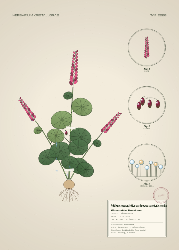 Botanische Tafel: Mittenwaldia mittenwaldensis, eine erfundene Pflanze aus Mittenwalde, gezeichnet wie in einem alten Pflanzenatlas
