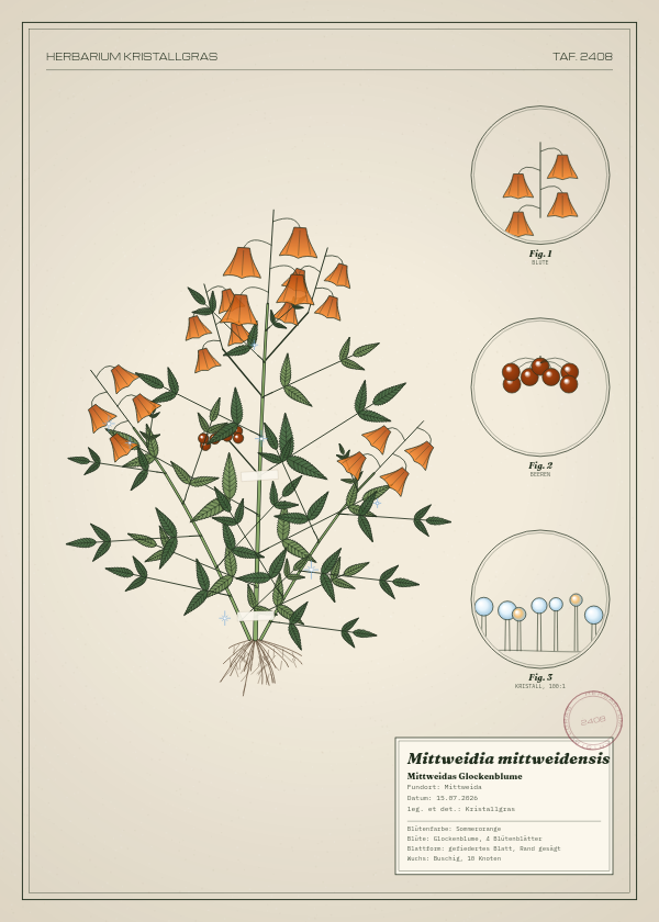 Botanische Tafel: Mittweidia mittweidensis, eine erfundene Pflanze aus Mittweida, gezeichnet wie in einem alten Pflanzenatlas