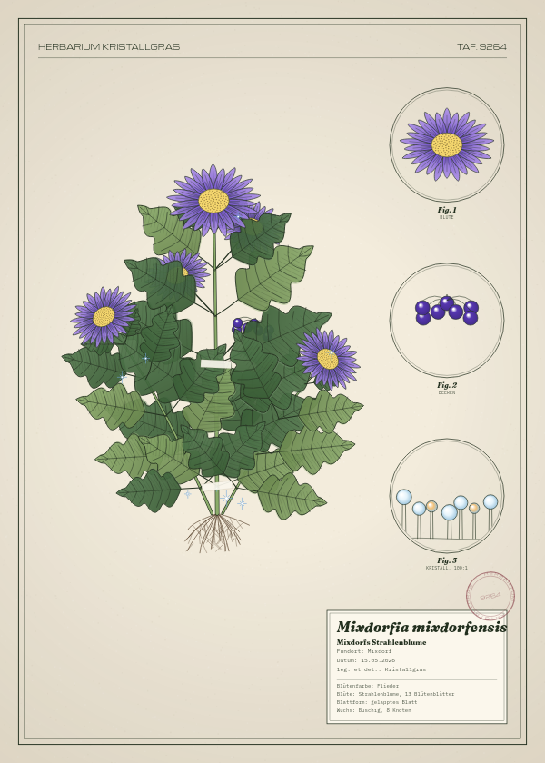 Botanische Tafel: Mixdorfia mixdorfensis, eine erfundene Pflanze aus Mixdorf, gezeichnet wie in einem alten Pflanzenatlas