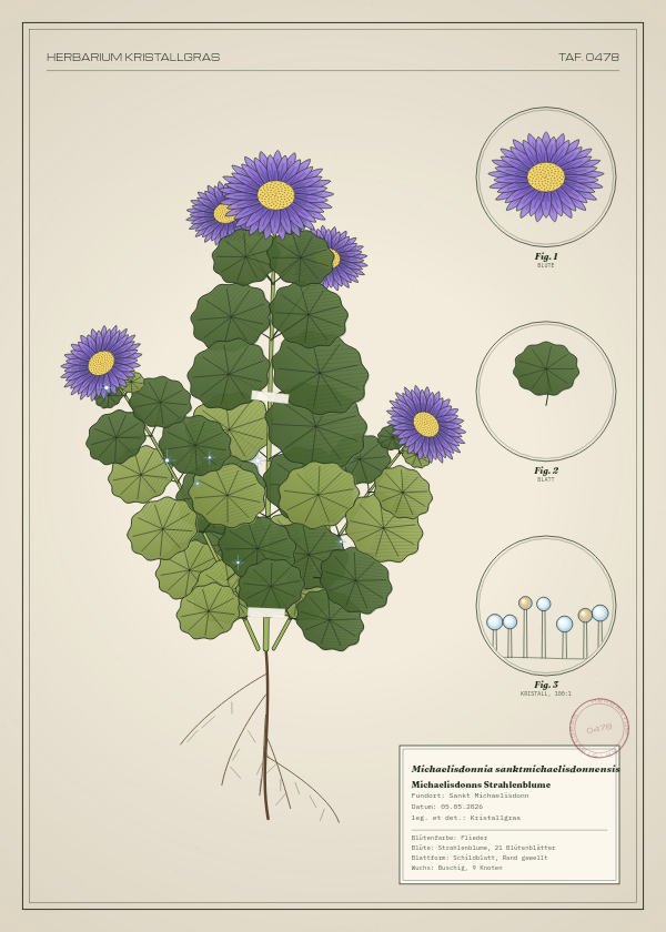 Botanische Tafel: Michaelisdonnia sanktmichaelisdonnensis, eine erfundene Pflanze aus Sankt Michaelisdonn, gezeichnet wie in einem alten Pflanzenatlas