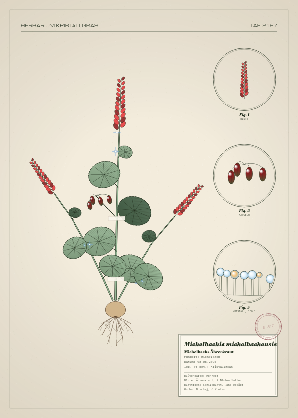 Botanische Tafel: Michelbachia michelbachensis, eine erfundene Pflanze aus Michelbach, gezeichnet wie in einem alten Pflanzenatlas