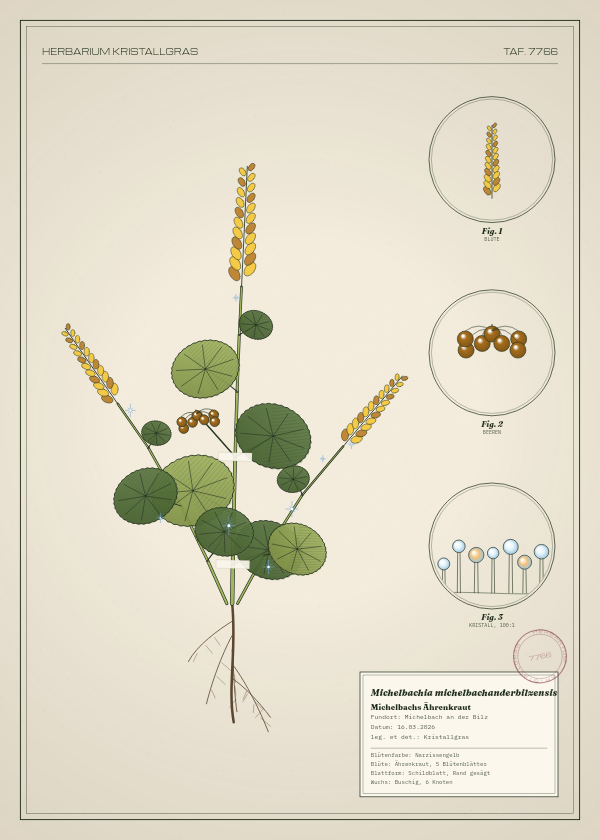 Botanische Tafel: Michelbachia michelbachanderbilzensis, eine erfundene Pflanze aus Michelbach an der Bilz, gezeichnet wie in einem alten Pflanzenatlas