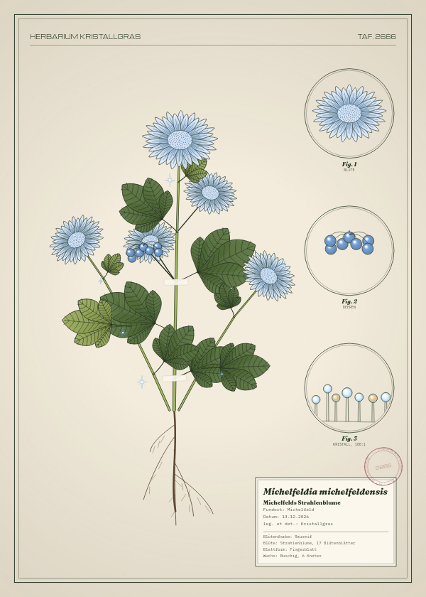 Botanische Tafel: Michelfeldia michelfeldensis, eine erfundene Pflanze aus Michelfeld, gezeichnet wie in einem alten Pflanzenatlas