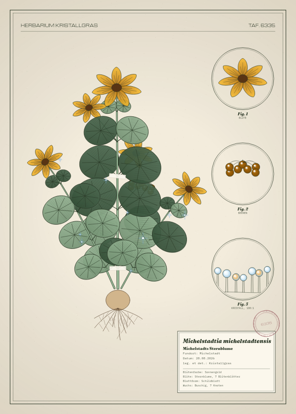 Botanische Tafel: Michelstadtia michelstadtensis, eine erfundene Pflanze aus Michelstadt, gezeichnet wie in einem alten Pflanzenatlas