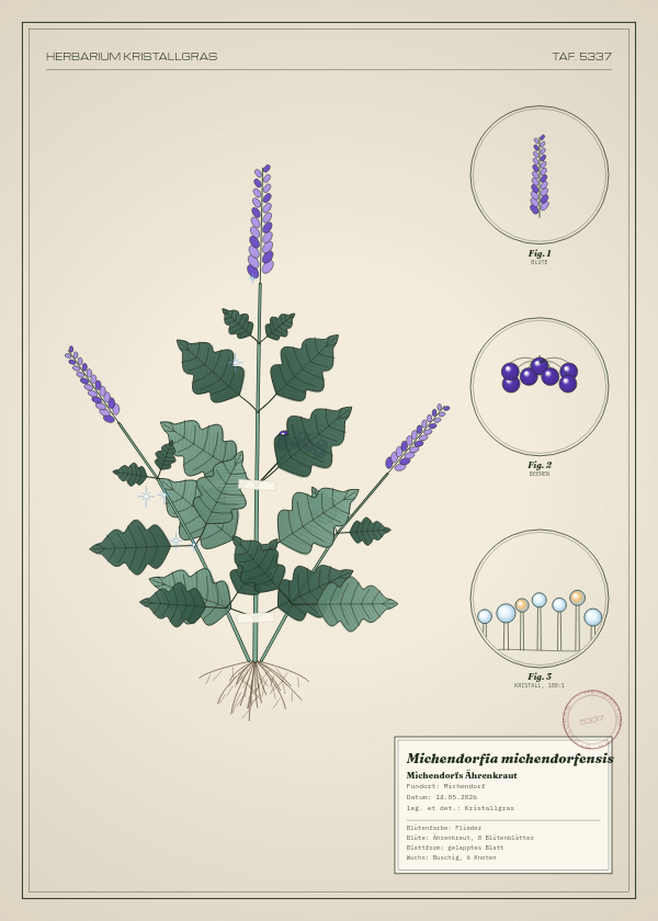 Botanische Tafel: Michendorfia michendorfensis, eine erfundene Pflanze aus Michendorf, gezeichnet wie in einem alten Pflanzenatlas