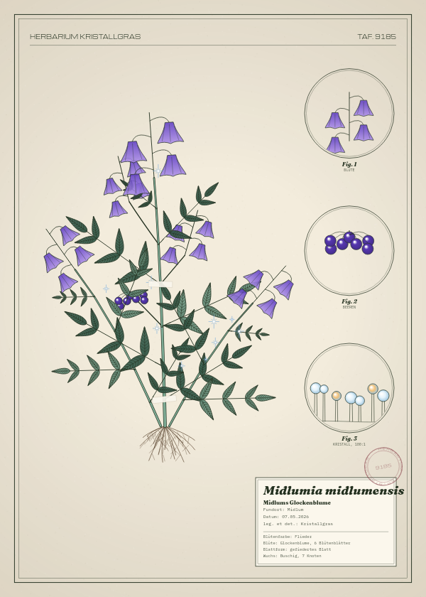 Botanische Tafel: Midlumia midlumensis, eine erfundene Pflanze aus Midlum, gezeichnet wie in einem alten Pflanzenatlas
