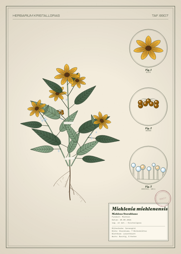 Botanische Tafel: Miehlenia miehlenensis, eine erfundene Pflanze aus Miehlen, gezeichnet wie in einem alten Pflanzenatlas
