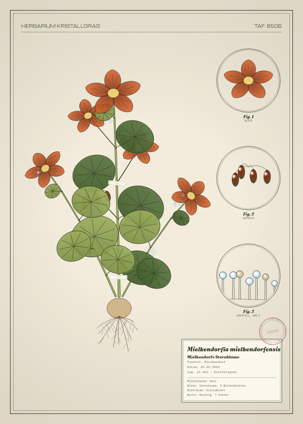 Botanische Tafel: Mielkendorfia mielkendorfensis, eine erfundene Pflanze aus Mielkendorf, gezeichnet wie in einem alten Pflanzenatlas