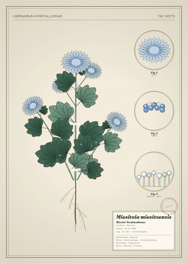 Botanische Tafel: Miesitzia miesitzensis, eine erfundene Pflanze aus Miesitz, gezeichnet wie in einem alten Pflanzenatlas