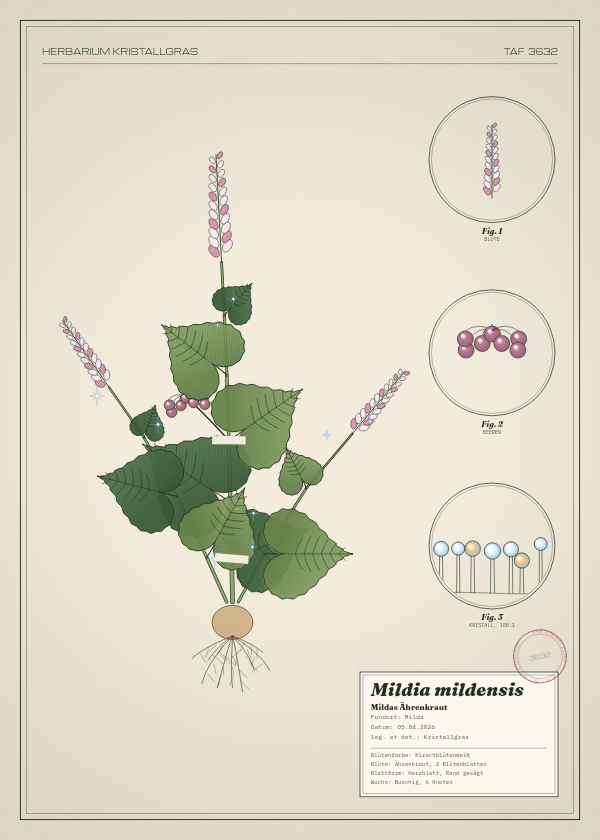 Botanische Tafel: Mildia mildensis, eine erfundene Pflanze aus Milda, gezeichnet wie in einem alten Pflanzenatlas