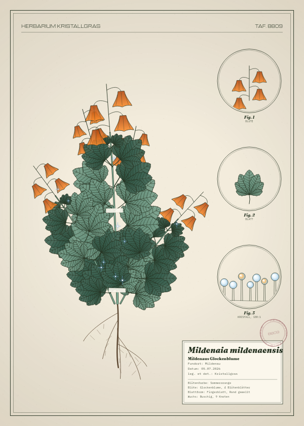 Botanische Tafel: Mildenaia mildenaensis, eine erfundene Pflanze aus Mildenau, gezeichnet wie in einem alten Pflanzenatlas