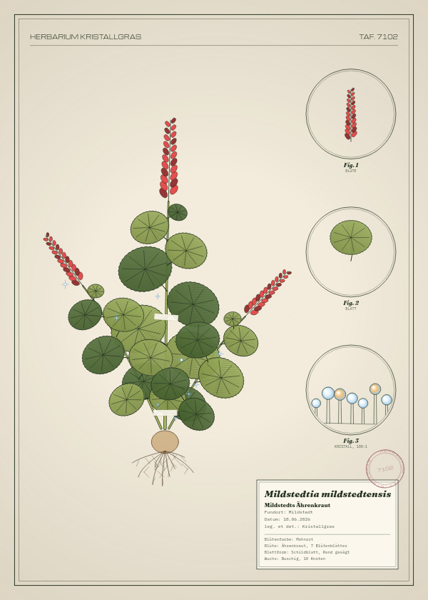 Botanische Tafel: Mildstedtia mildstedtensis, eine erfundene Pflanze aus Mildstedt, gezeichnet wie in einem alten Pflanzenatlas