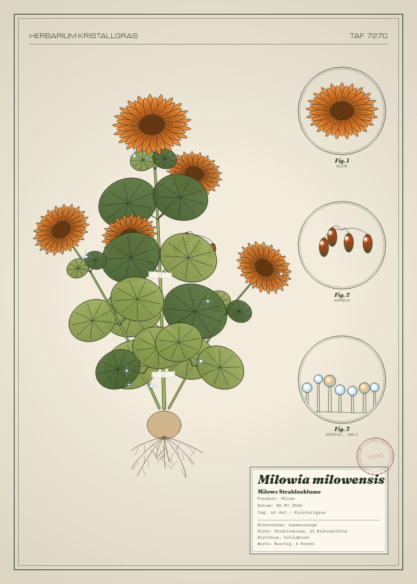 Botanische Tafel: Milowia milowensis, eine erfundene Pflanze aus Milow, gezeichnet wie in einem alten Pflanzenatlas