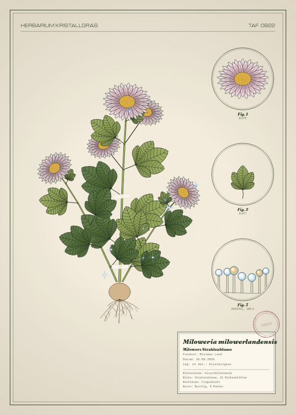Botanische Tafel: Miloweria milowerlandensis, eine erfundene Pflanze aus Milower Land, gezeichnet wie in einem alten Pflanzenatlas