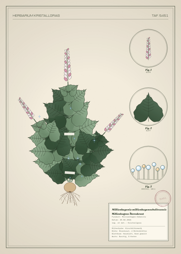 Botanische Tafel: Millienhagenia millienhagenoebelitzensis, eine erfundene Pflanze aus Millienhagen-Oebelitz, gezeichnet wie in einem alten Pflanzenatlas