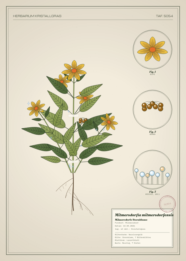 Botanische Tafel: Milmersdorfia milmersdorfensis, eine erfundene Pflanze aus Milmersdorf, gezeichnet wie in einem alten Pflanzenatlas