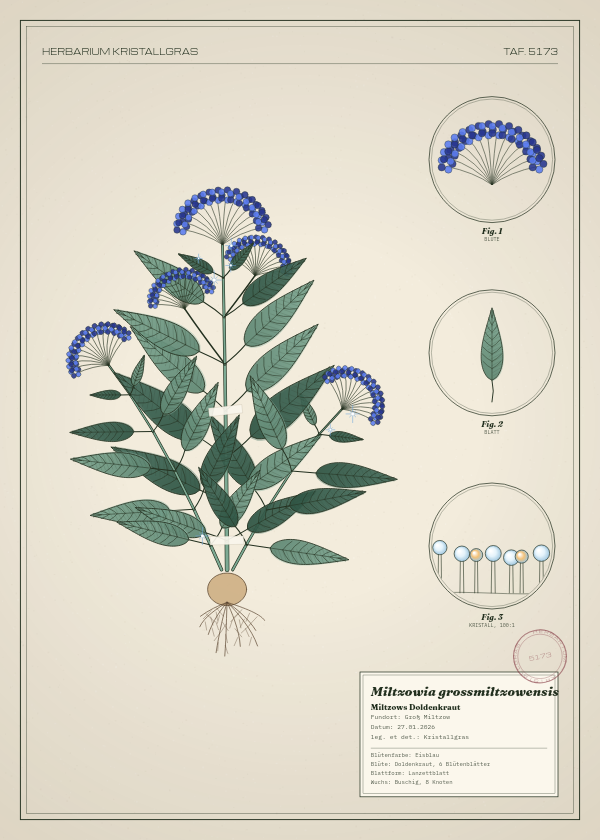 Botanische Tafel: Miltzowia grossmiltzowensis, eine erfundene Pflanze aus Groß Miltzow, gezeichnet wie in einem alten Pflanzenatlas