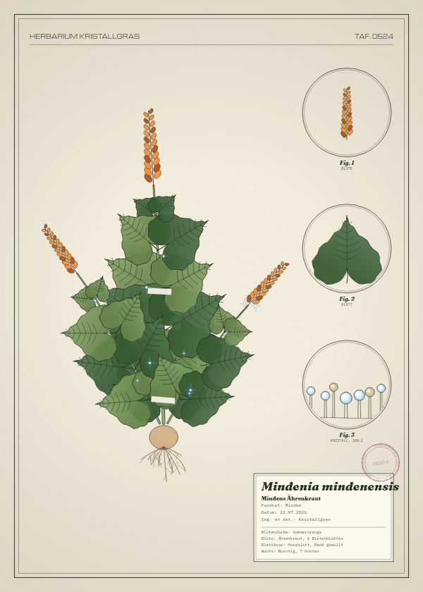 Botanische Tafel: Mindenia mindenensis, eine erfundene Pflanze aus Minden, gezeichnet wie in einem alten Pflanzenatlas
