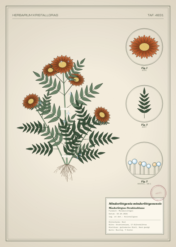 Botanische Tafel: Minderlittgenia minderlittgenensis, eine erfundene Pflanze aus Minderlittgen, gezeichnet wie in einem alten Pflanzenatlas