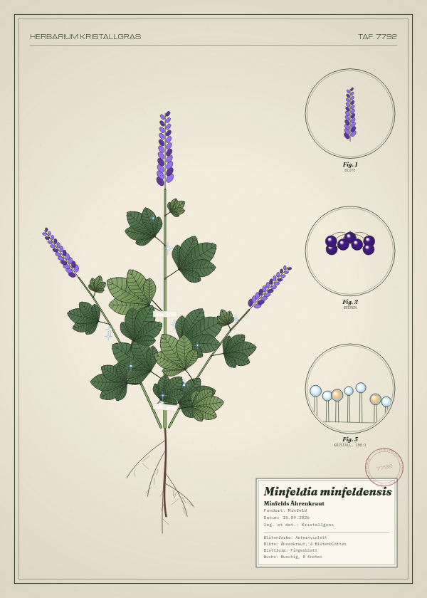 Botanische Tafel: Minfeldia minfeldensis, eine erfundene Pflanze aus Minfeld, gezeichnet wie in einem alten Pflanzenatlas
