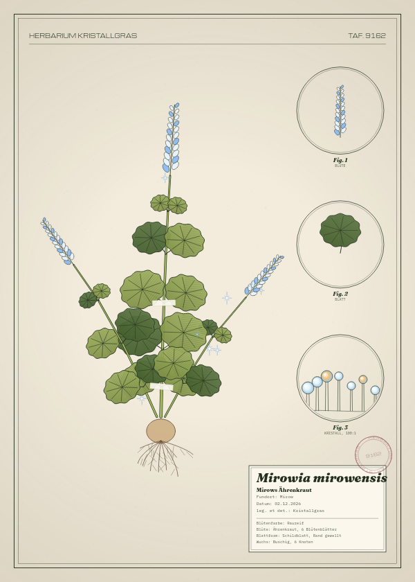 Botanische Tafel: Mirowia mirowensis, eine erfundene Pflanze aus Mirow, gezeichnet wie in einem alten Pflanzenatlas