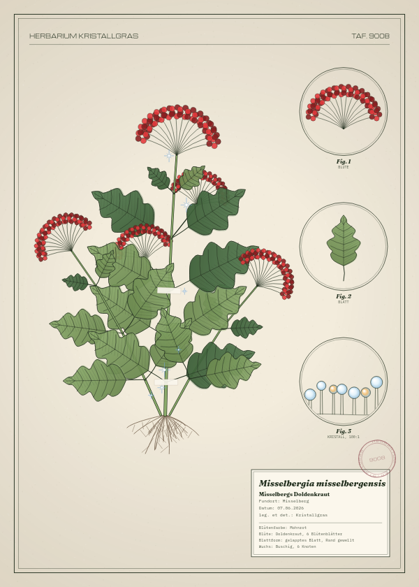 Botanische Tafel: Misselbergia misselbergensis, eine erfundene Pflanze aus Misselberg, gezeichnet wie in einem alten Pflanzenatlas