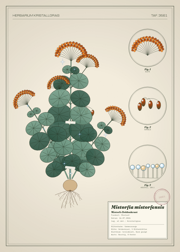 Botanische Tafel: Mistorfia mistorfensis, eine erfundene Pflanze aus Mistorf, gezeichnet wie in einem alten Pflanzenatlas